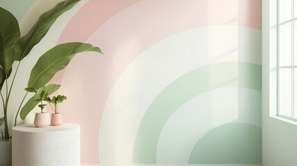 Minimalist pastel wallpaper with smooth curves, subtle geometric elements, and a mint, blush, and yellow palette for a calming, elegant look