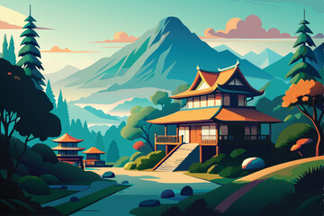 Obraz premium Japanese house nestled in a mountain village illustration. Show a thatched-roof home surrounded by lush greenery, a winding path, and misty mountains in the background. 