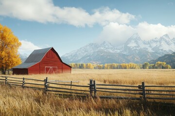 Red barn in field with mountains