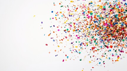 Photo of colorful confetti exploding, isolated on a white background, copy space