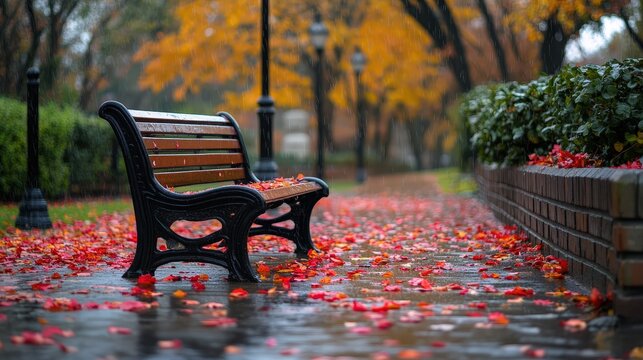 Close-up of a sleek black metal bench, framed by vibrant red and orange autumn leaves strewn across the ground, pointing left in an evocative scene