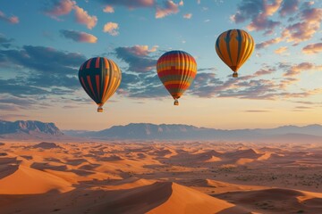 Fototapeta premium Experience the serene beauty of a desert landscape at sunrise with colorful hot air balloons soaring gracefully over golden sand dunes.
