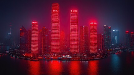 Fototapeta premium Night cityscape, illuminated skyscrapers, red lights, city waterfront