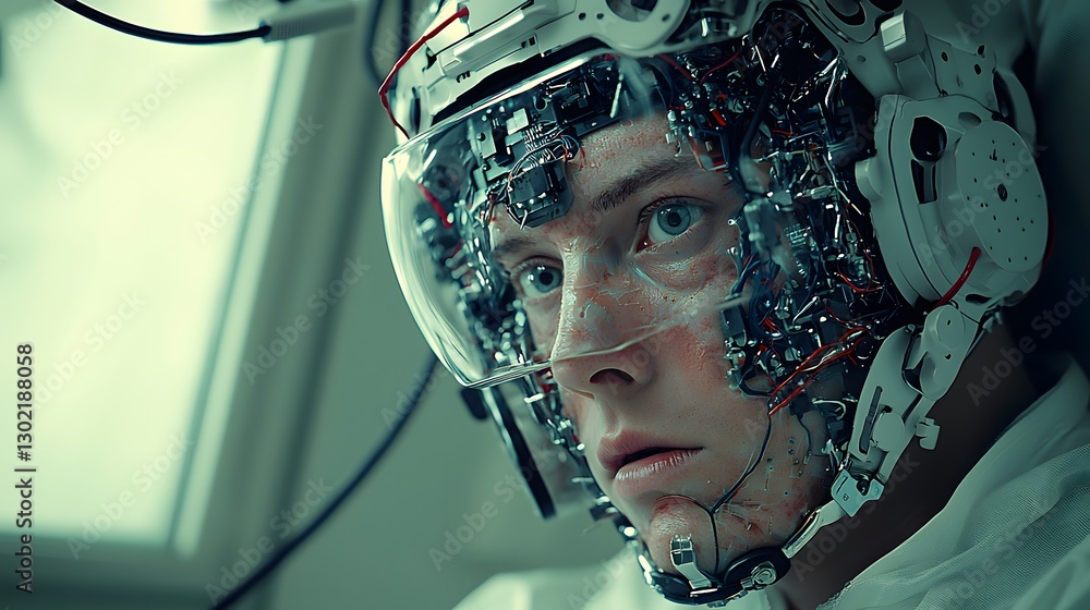 Poster futuristic man wearing a unique robot headpiece that blends technology with artistic expression in a