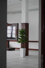 Pillars in an empty meeting room with meeting equipment and atrificial plants inside with a vintage concept