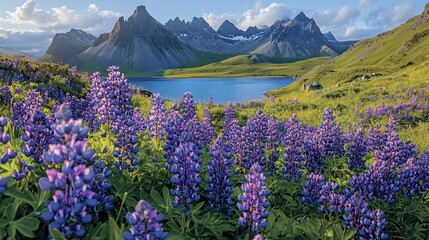 Fototapeta premium Vibrant lupine flowers bloom in a serene mountain lake landscape at sunrise.