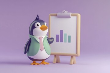 Obraz premium A cute penguin in a suit presents a bar graph on a whiteboard, illustrating data analysis or business presentation.