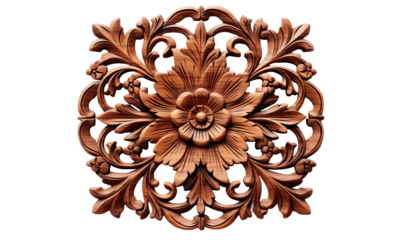  Intricate Floral Wood Carving in Square Frame on a transparent background