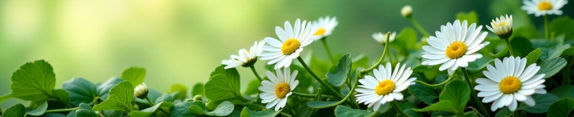 Fototapeta premium Delicate white daisies intertwined with green vines, botanical, green