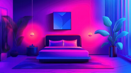 Modern Bedroom Interior with Neon Lighting and Abstract Art
