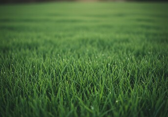 Fototapeta premium Up close, the lush green lawn displays its texture and vitality, with a soft, blurred background suggesting a peaceful outdoor environment