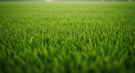 Obraz premium Vibrant green grass in a close-up shot, with a soft, blurred background of trees, highlighting the natural beauty of a well-maintained lawn