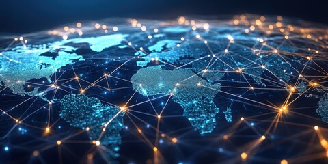 Digital world map with connecting lines and glowing nodes