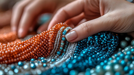 Hands touch beaded necklace, close-up, craft