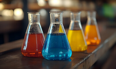 Colorful liquids in laboratory flasks, scientific research concept