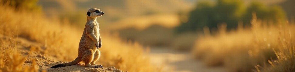 Meerkat standing upright on hind legs watching surroundings, wildlife, grassland