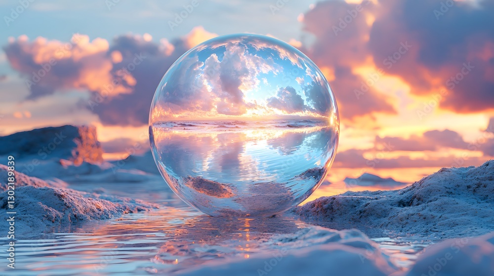 Poster glass sphere floating in crystal clear water creating beautiful reflections and distorted images bel