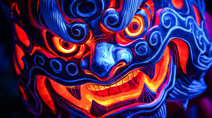 Obraz premium Halloween Pumpkin with Japanese Mask Design, Glowing Under Soft Blue Lighting.