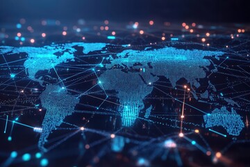 Digital world map displays interconnected network connections globally