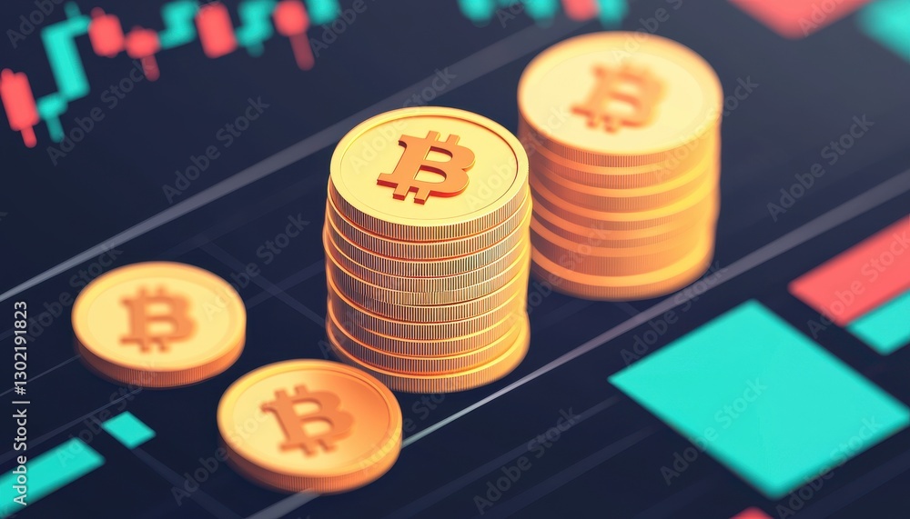 Aufkleber tech elements innovation friendly investment concept. digital bitcoin coins stacked on a financial g