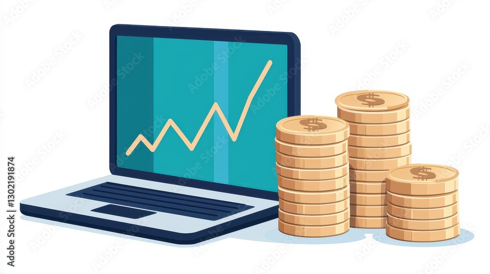 Poster tech elements innovation friendly investment concept. laptop displaying an upward trend graph next t