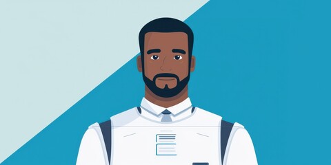 tech elements innovation friendly investment concept. Professional man with a beard, wearing a formal shirt and suspenders against a modern graphic background.