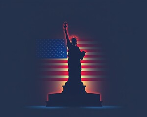 Statue silhouette against American flag backdrop.