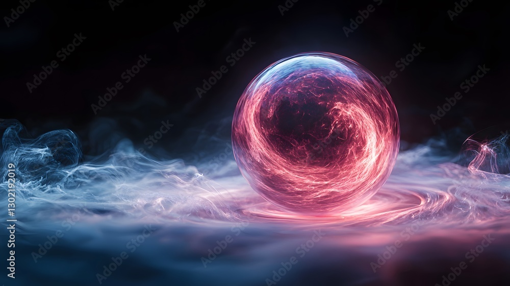 Poster sphere illuminated with captivating pink and blue light creating an ethereal glow and dreamlike aest