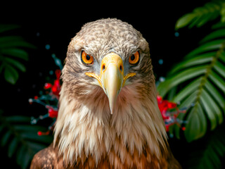Fototapeta premium Portrait of an eagle on a black background with a green plant