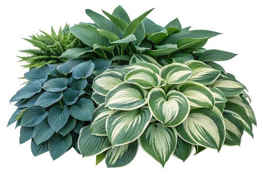Diverse Hosta leaves in a garden bed setting , green plant isolated on white