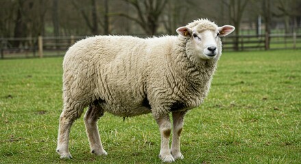Fluffy Sheep Grazing in a Lush Green Pasture Farm Animal Photography