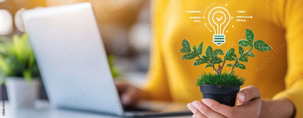 Poster tech elements innovation friendly investment concept. a person holds a small plant while working on 