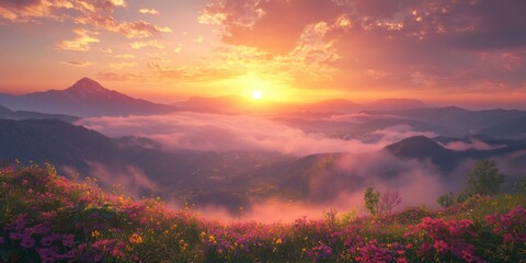 Fototapeta premium Sunset over mountains with flowers