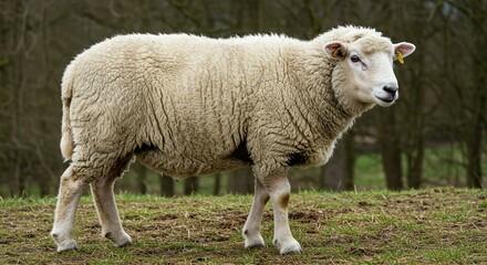 Obraz premium Fluffy White Sheep Grazing in a Pastoral Field Idyllic Farm Animal Scene