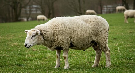 Fototapeta premium Fluffy Sheep Grazing in Lush Green Pasture Rural Farm Animals