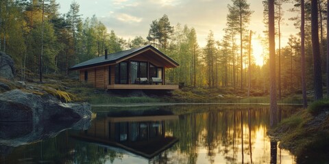 Obraz premium Mountain Lake Cabin