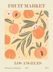 Abstract Fruit Market Los Angeles retro poster. Trendy contemporary wall art with peach design in danish pastel colors. Modern naive groovy funky interior decoration, painting. Vector illustration.