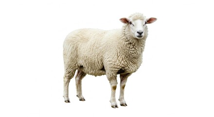 Fototapeta premium Fluffy White Sheep Standing Isolated on White Background Farm Animal Photography