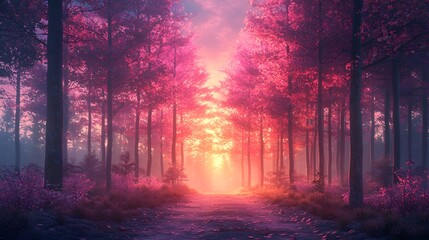 Fototapeta premium Serene pathway winding through lush green forest surrounded by tall trees and sunlight filtering through leaves