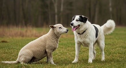Obraz premium Adorable Lamb and Friendly Black and White Dog Together in a Green Field