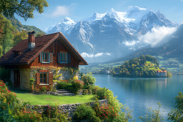 Traditionelles Alpenhaus am See mit beeindruckender Bergkulisse und grüner Natur
