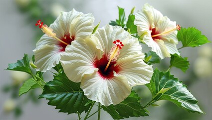 Stunning White Hibiscus Flowers with Red Stigma and Green Leaves,red dahlia flower