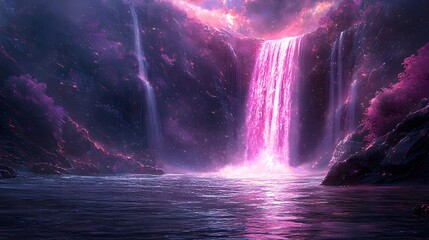Majestic waterfall flowing into a serene body of water surrounded by lush greenery and natural beauty