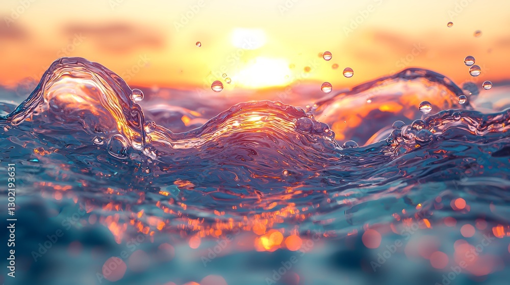 Poster refreshing water splashing on the surface creating beautiful ripples that reflect light and color