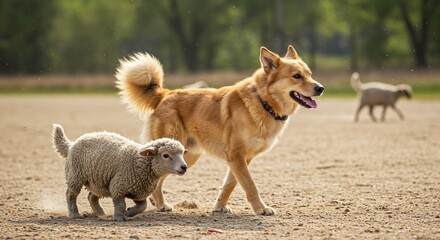 Naklejka premium Golden Dog Herding Sheep in a Sunny Field Farm Animal Interaction