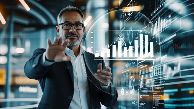 Professional Businessman Engaging in Data Presentation with High-Tech Visuals in Modern Office Setup