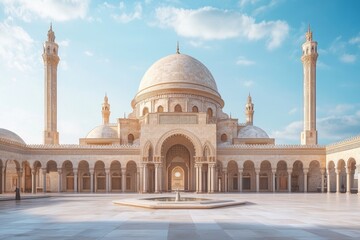 Fototapeta premium Majestic mosque courtyard, sunlight, Islamic architecture.