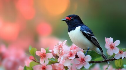 Fototapeta premium Black and white bird on pink blossoms in soft focus spring background