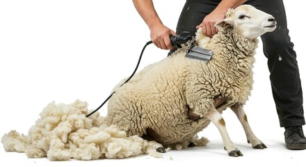Naklejka premium Sheep Shearing Process Farmer Using Electric Clippers on Fluffy Sheep