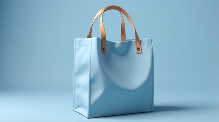 mock up image of a canvas bag, cotton bag or plain blue goodie bag on a light blue background

